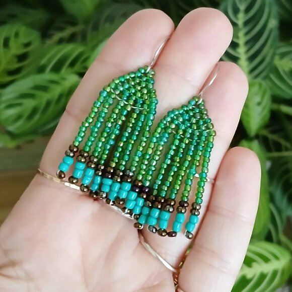 Green Beaded Fringe Dangle Earrings, 2" - Picture 5 of 6